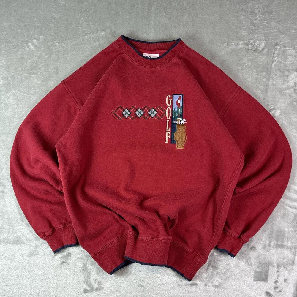 Mc Sport Sweatshirt Men's Size Large Red Embroidered Golf Bag Argyle Cotton